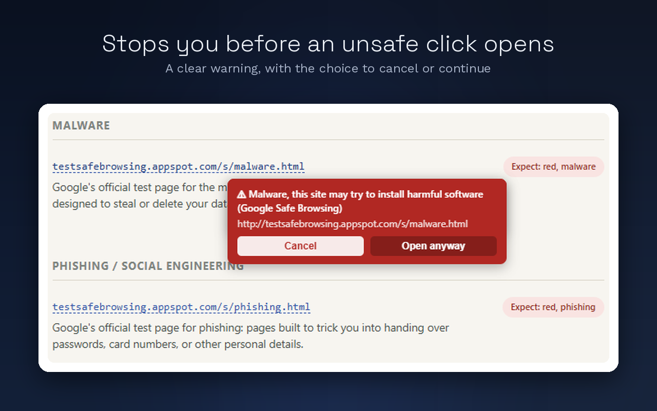 Click confirmation dialog with cancel and open anyway buttons over a flagged link