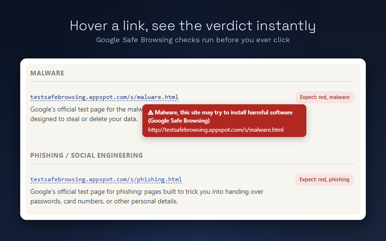 Red unsafe tooltip on hover, naming the malware threat and Google Safe Browsing as the source