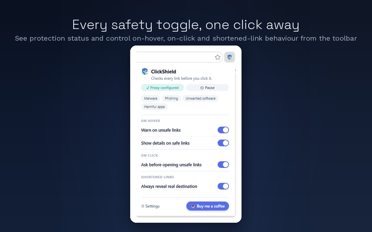 ClickShield toolbar popup showing the protection status and on-hover, on-click and shortened-link toggles