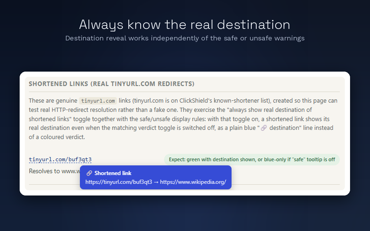 Blue destination tooltip showing a shortened tinyurl.com link's real resolved URL